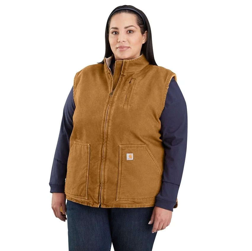 Damen-Weste mit Stehkragen aus gewaschenem Baumwoll-Duck mit Sherpa-Futter