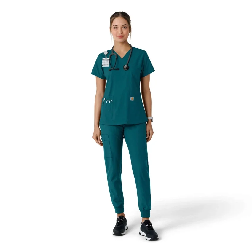 Force Essentials V-Ausschnitt-Scrub-Oberteil für Damen mit Strick-Einsätzen