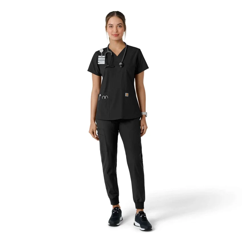 Force Essentials V-Ausschnitt-Scrub-Oberteil für Damen mit Strick-Einsätzen