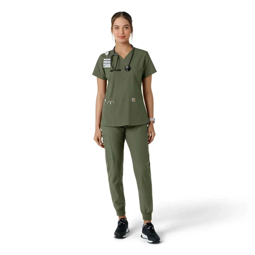 Force Essentials V-Ausschnitt-Scrub-Oberteil für Damen mit Strick-Einsätzen