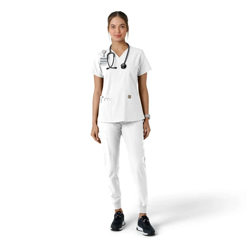 Force Essentials V-Ausschnitt-Scrub-Oberteil für Damen mit Strick-Einsätzen