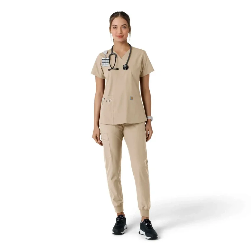 Force Essentials V-Ausschnitt-Scrub-Oberteil für Damen mit Strick-Einsätzen