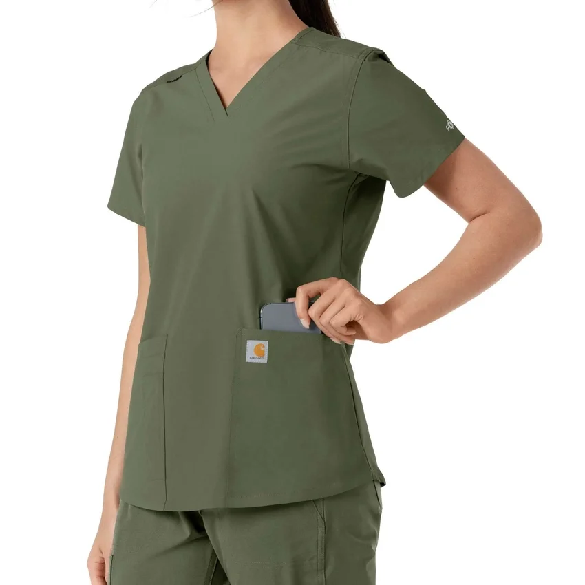 Force Essentials V-Ausschnitt-Scrub-Oberteil für Damen mit Strick-Einsätzen