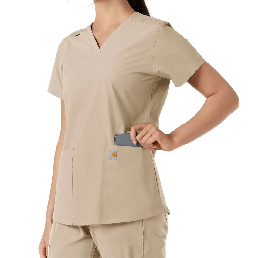 Force Essentials V-Ausschnitt-Scrub-Oberteil für Damen mit Strick-Einsätzen