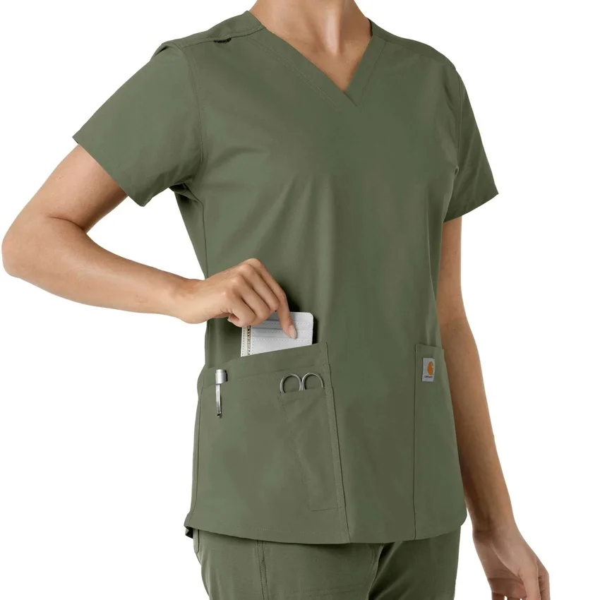 Force Essentials V-Ausschnitt-Scrub-Oberteil für Damen mit Strick-Einsätzen