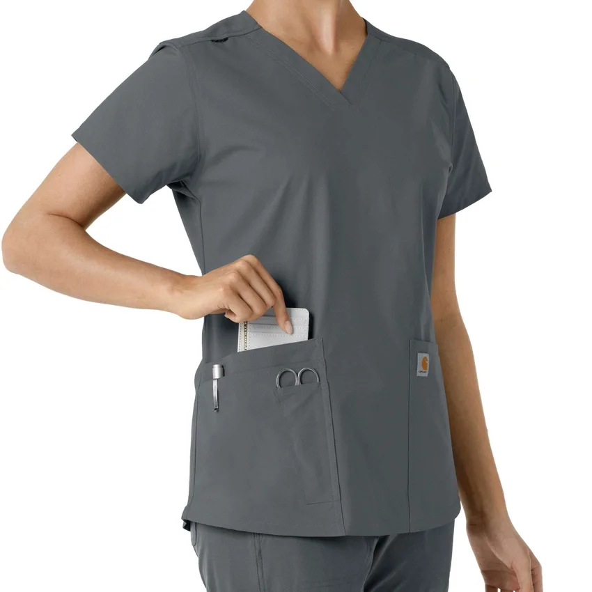 Force Essentials V-Ausschnitt-Scrub-Oberteil für Damen mit Strick-Einsätzen