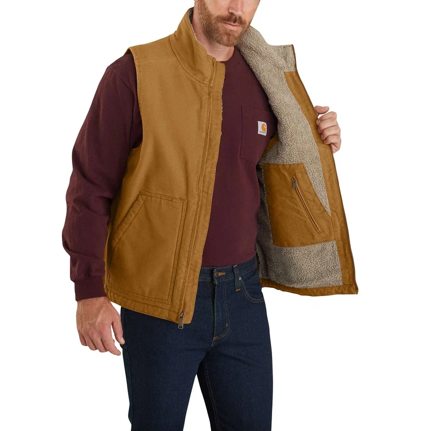 Herren-Weste aus gewaschenem Baumwoll-Duck mit Sherpa-Futter und Stehkragen