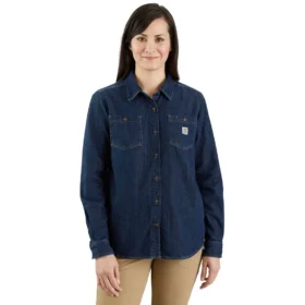 Langarm-Damen-Hemd aus mittelschwerem Denim in lockerer Passform mit Armlingen