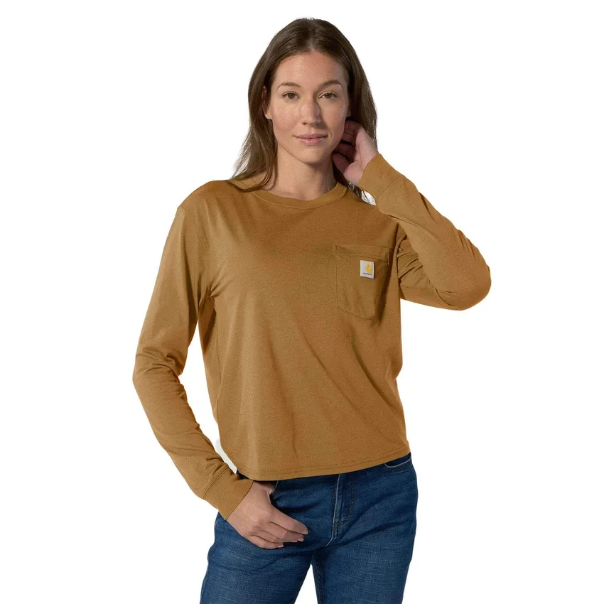 Tencel-Hemd für Damen, lockere Passform, lange Armlinge, Rundhalsausschnitt und Tasche